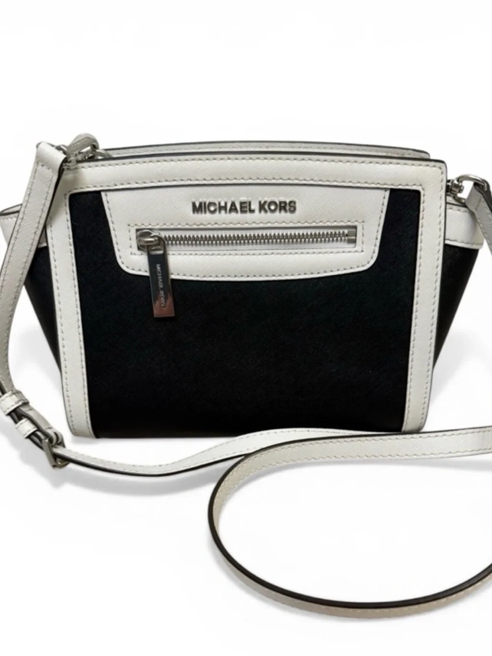 Michael Kors Black and White Leather-Trim Crossbody